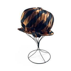 1950s Women Vintage Cloche Hat Union Made Orange Black Stripes Silk